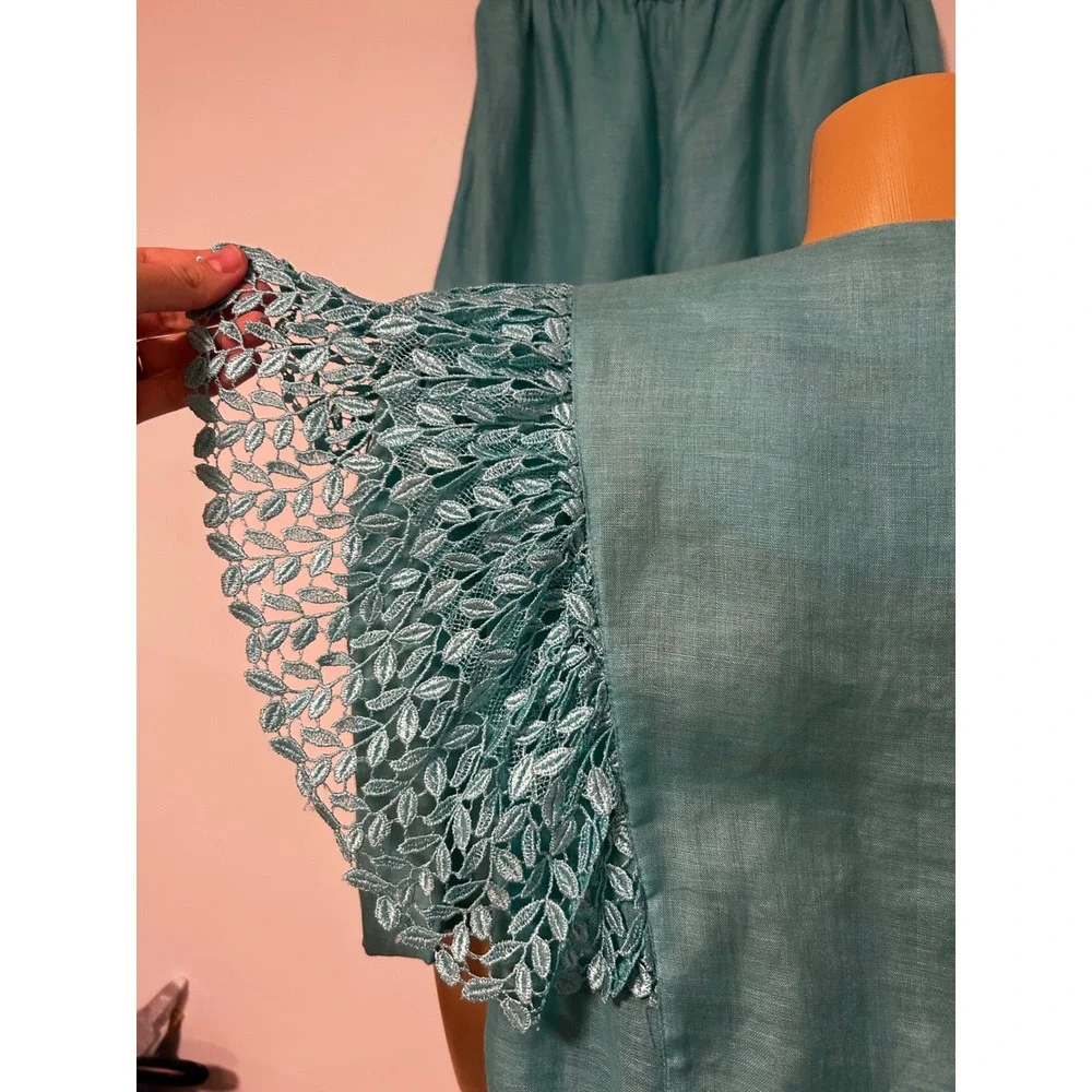 LERMAJ Vintage Teal Linen Blend Two Piece Set Lace Wrap Top Wide Leg Pants M/L